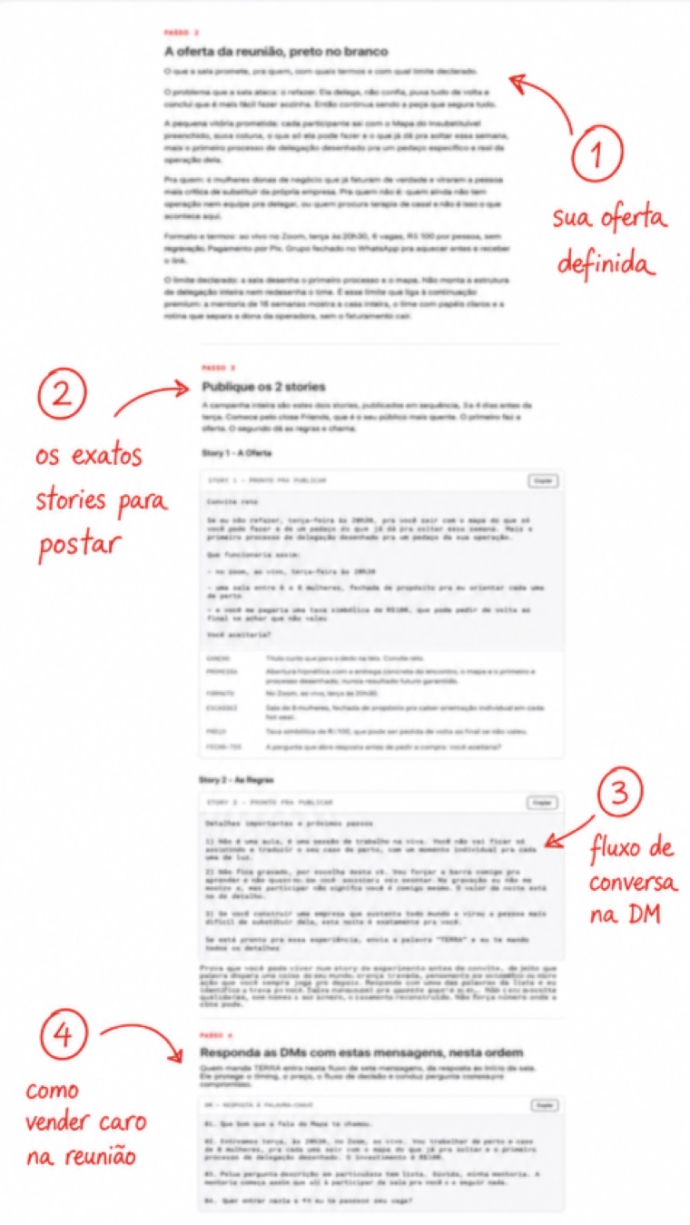 Documento de execução da Reunião de R$1.000, com a oferta, os stories e o fluxo de DM marcados